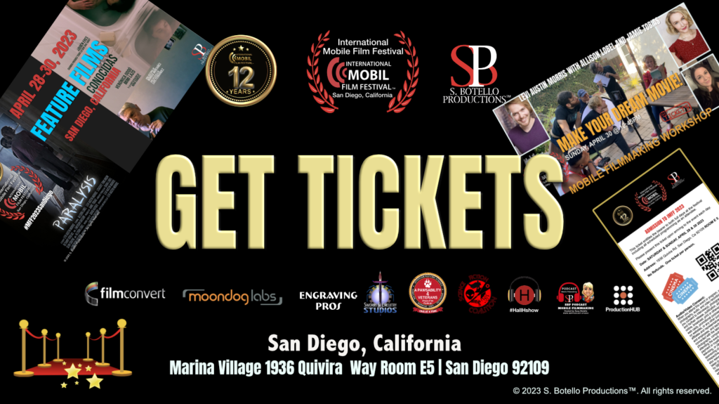 Graphic image of text: Get Tickets with sponsor logos, workshop image, feature films image, festival logo and red carpet with stars image.