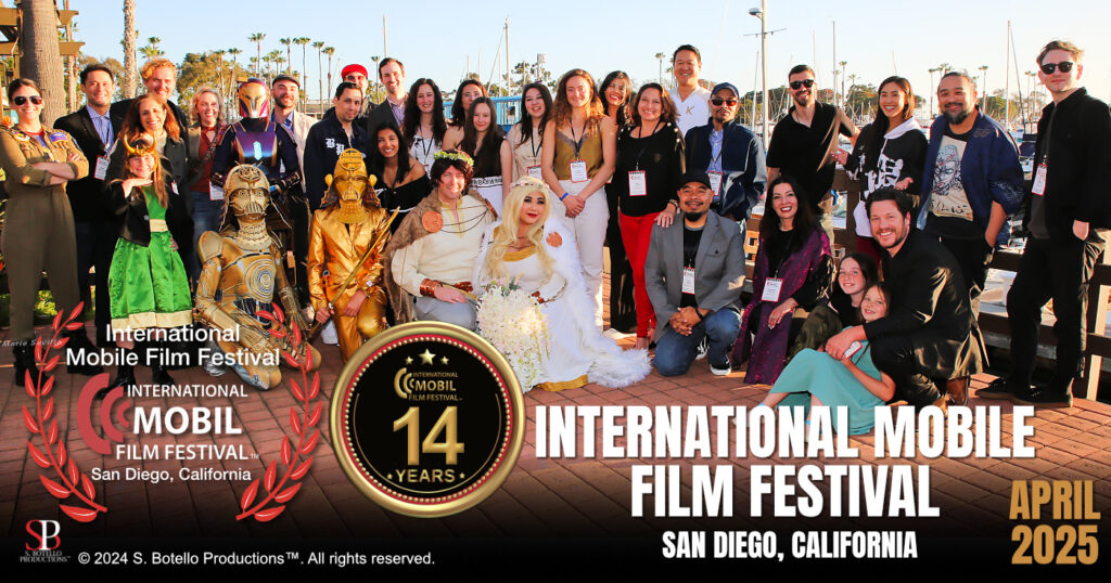 Large group smiling on marina under the sun in San Diego with cosplay group and International Mobile Film Festival logos with seal "14 Years."