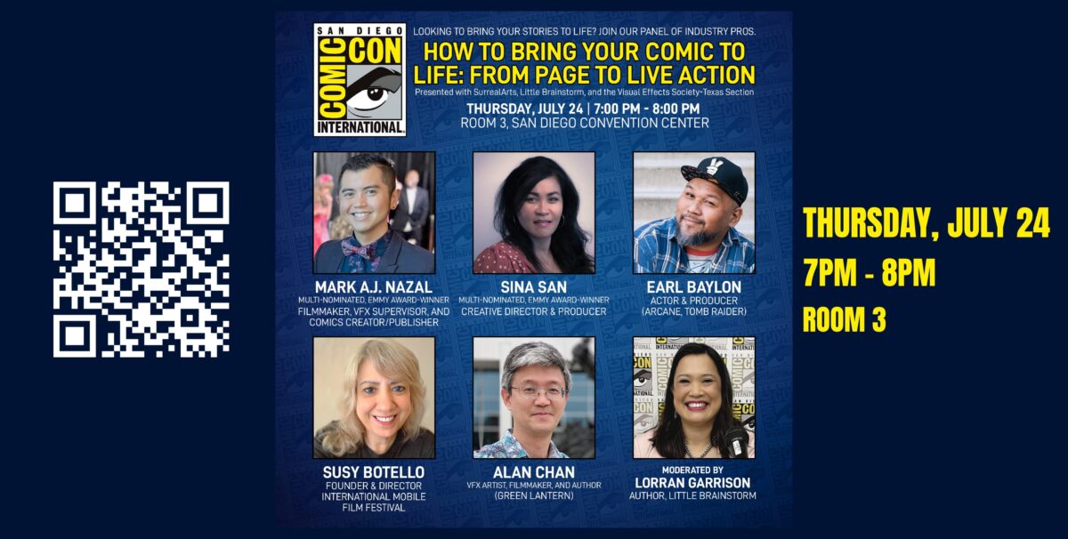 SDCC Panel July 24, 2024 graphic with panelists and San Diego Comic-Con logo.